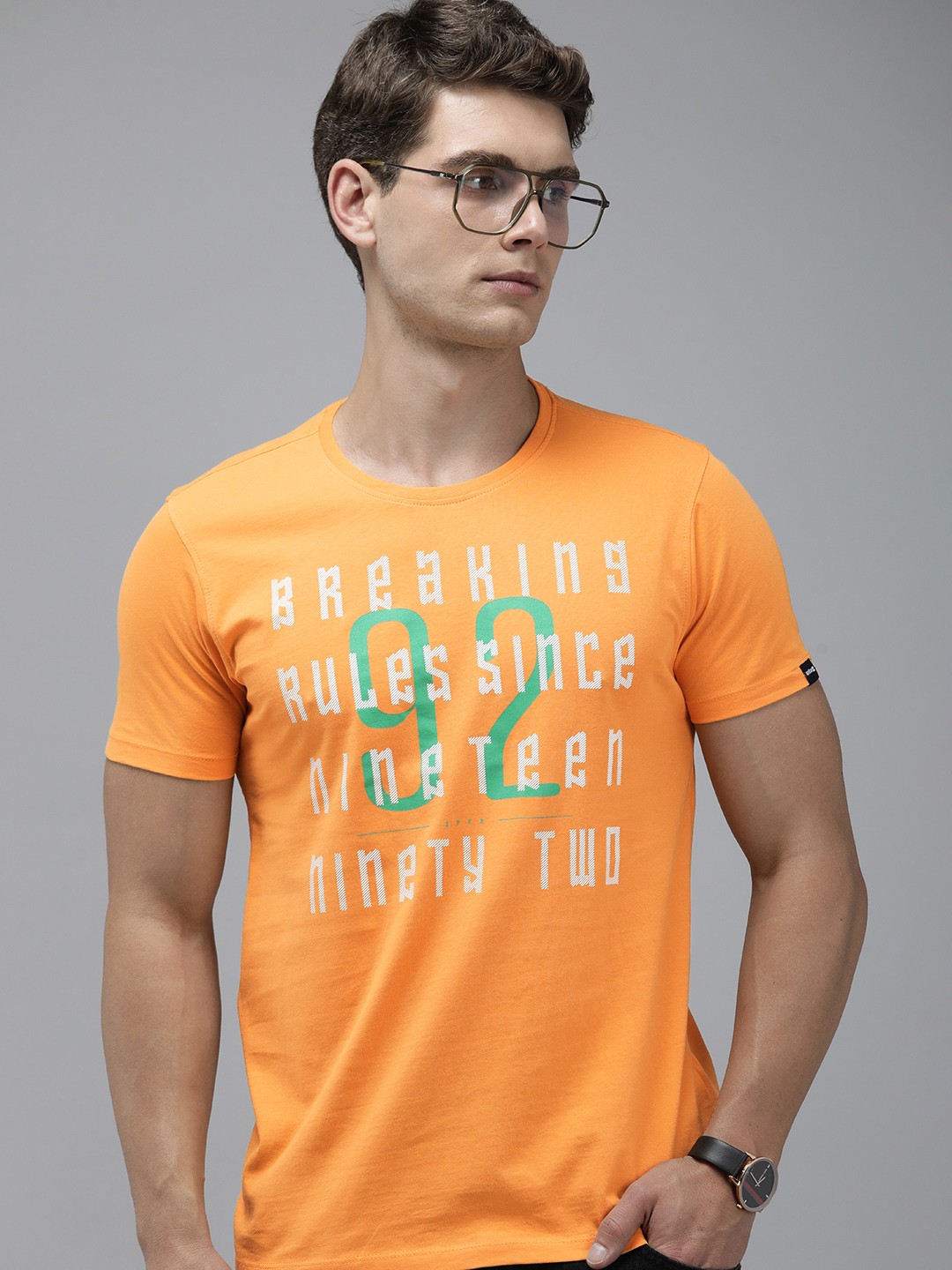 

SPYKAR Typography Printed Pure Cotton Slim Fit T-shirt, Yellow
