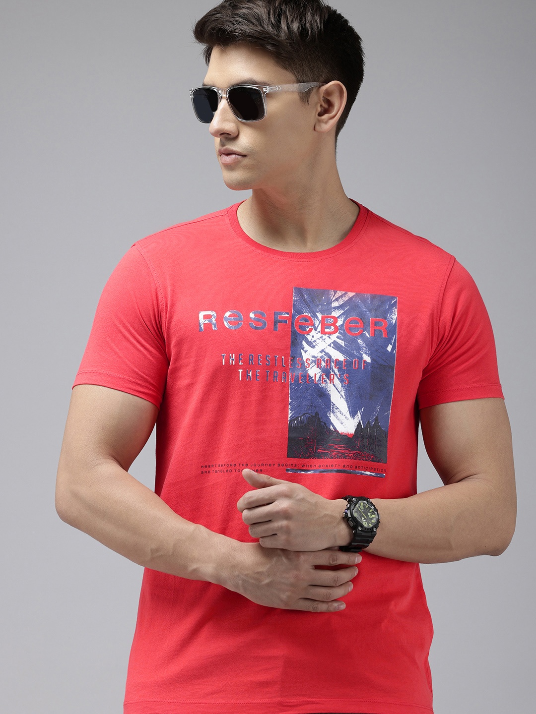 

SPYKAR Typography Printed Pure Cotton Slim Fit T-shirt, Coral