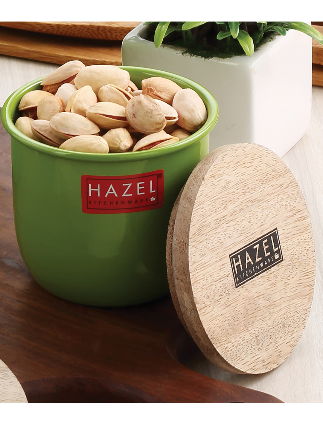 

HAZEL Set of 2 Green Metal Dishwasher Safe Kitchen Storage With Wooden Lid 250ml each