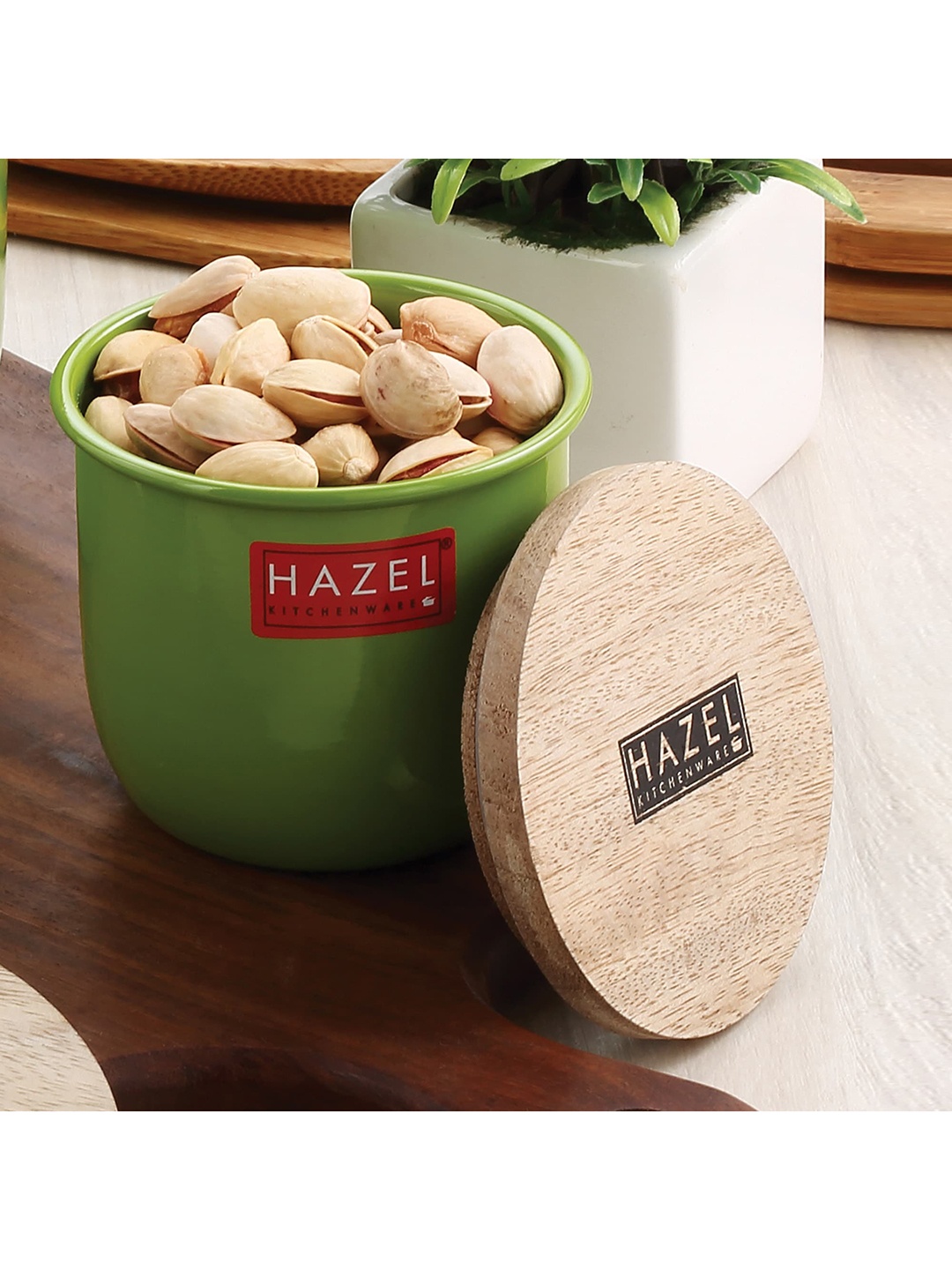

HAZEL Set of 4 Green Solid Metal Dishwasher Safe Storage Jar With Wooden Lid 250ml each