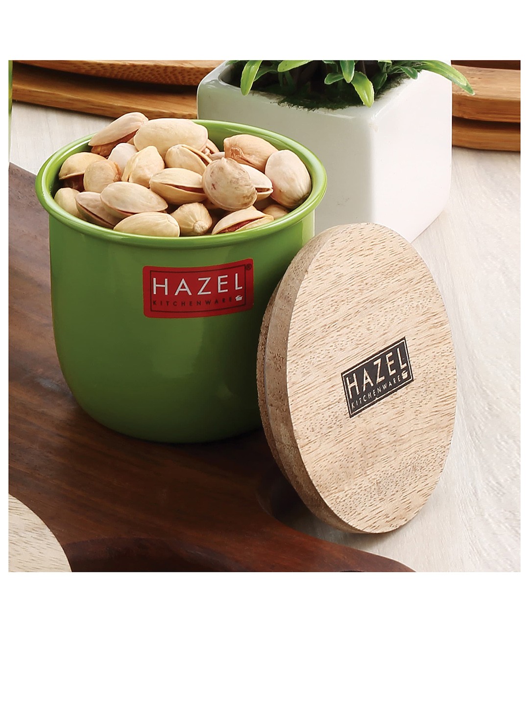 

HAZEL Green Solid Metal Dishwasher Safe Kitchen Storage with Wooden Lid 250ml