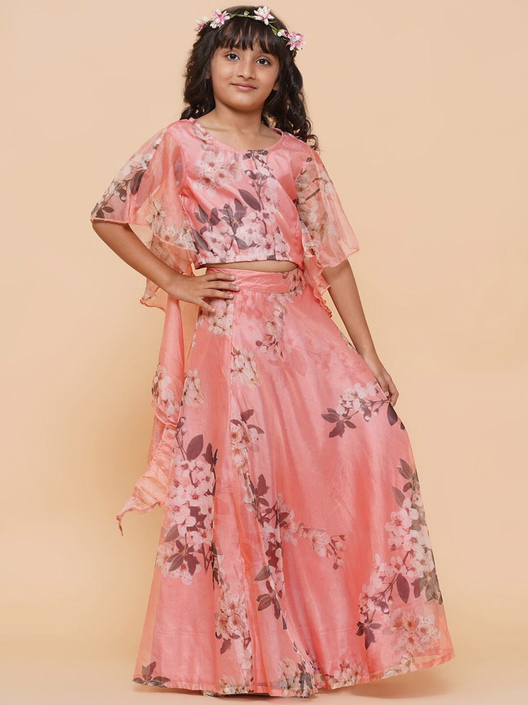 

titliyan Girls Peach-Coloured & White Printed Ready to Wear Lehenga Choli