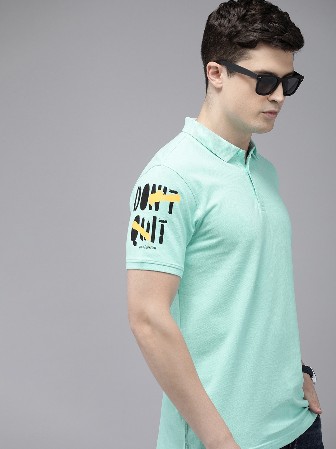 

SPYKAR Typography Polo Collar Pure Cotton Slim Fit T-shirt, Turquoise blue