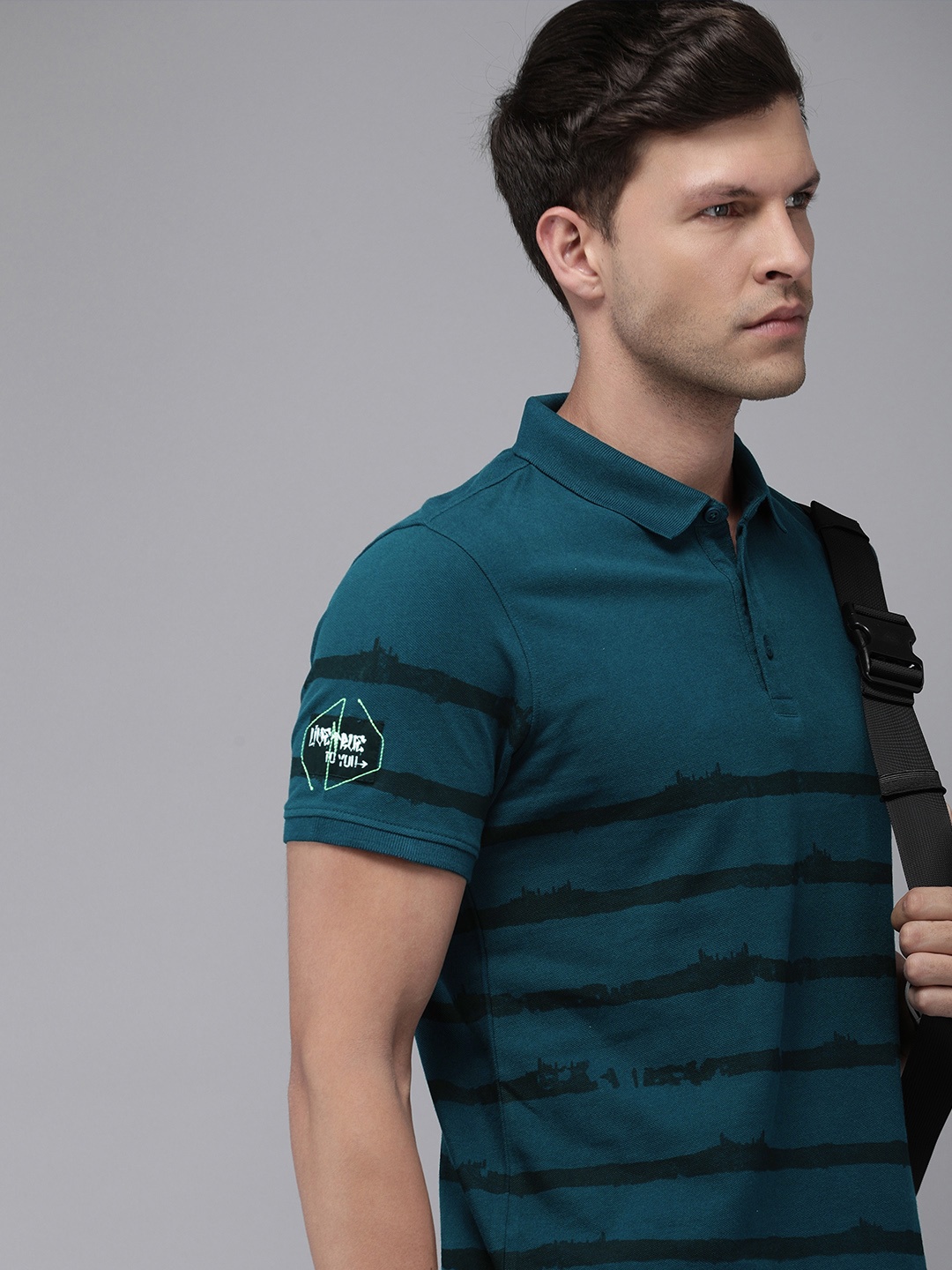 

SPYKAR Striped Polo Collar Pure Cotton Slim Fit T-shirt, Teal