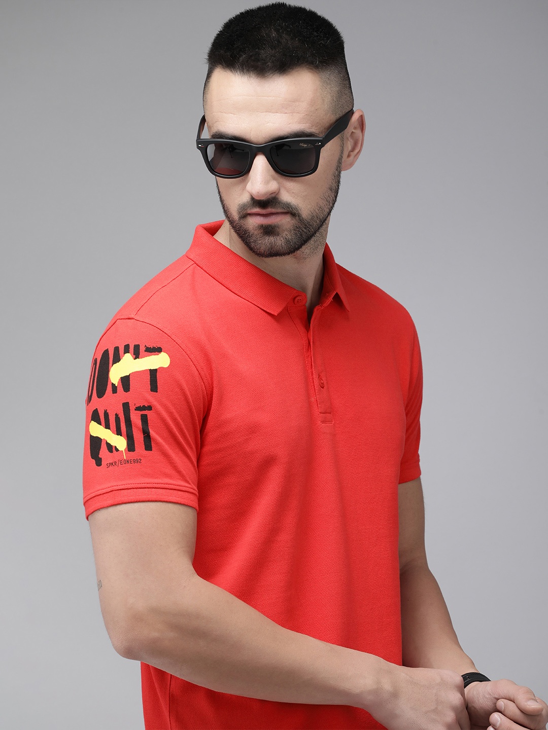 

SPYKAR Pure Cotton Typography Printed Polo Collar Slim Fit T-shirt, Red