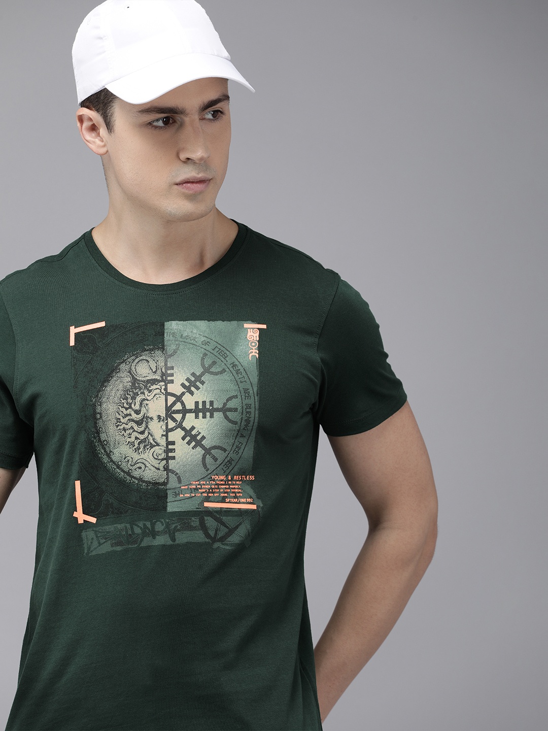 

SPYKAR Printed Pure Cotton Slim Fit T-shirt, Green