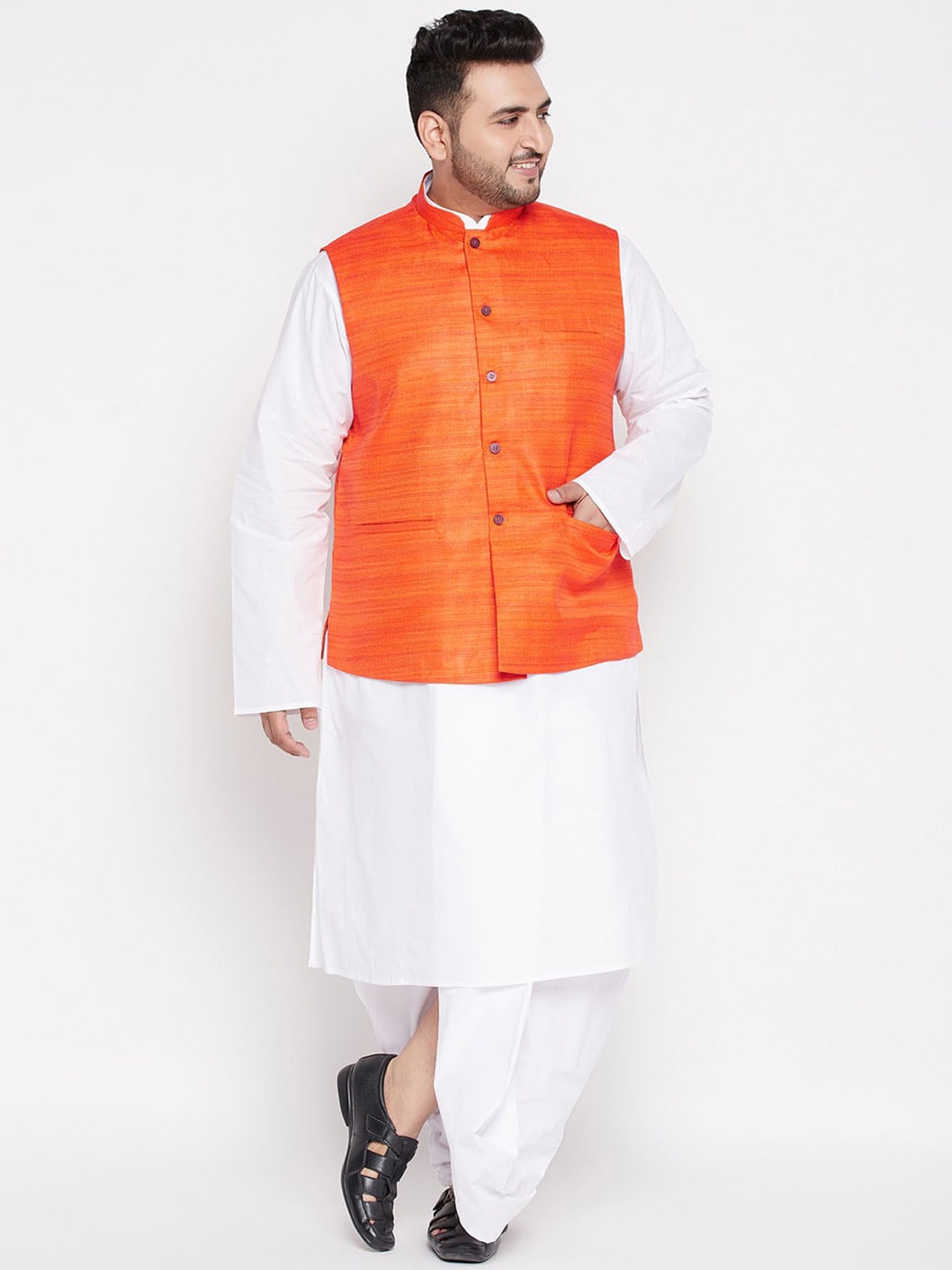 

VASTRAMAY Size Men White Pure Cotton Kurta with Dhoti Pants & Nehru Jacket