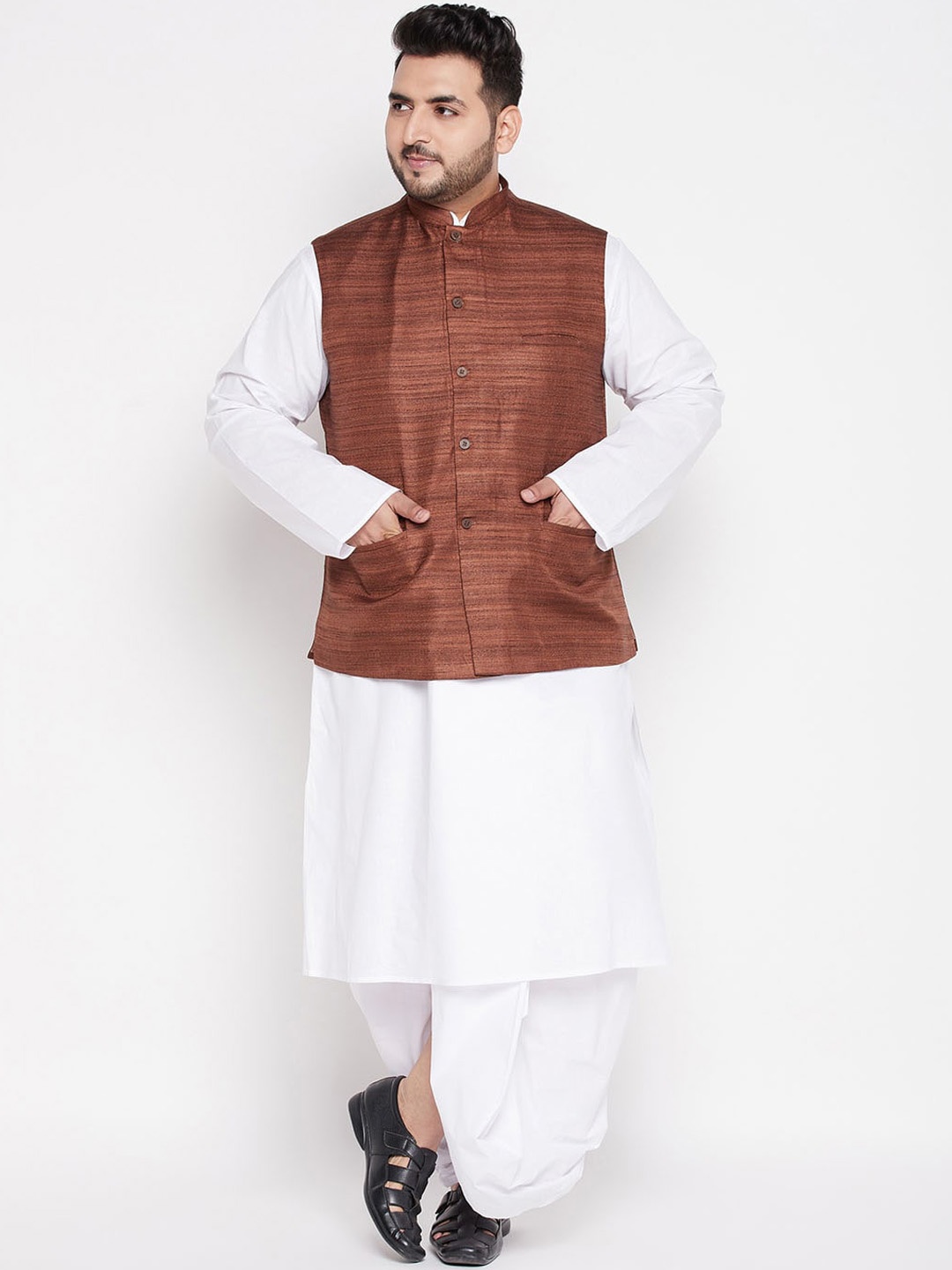 

VASTRAMAY Size Men White Pure Cotton Kurta with Dhoti Pants & Nehru Jacket