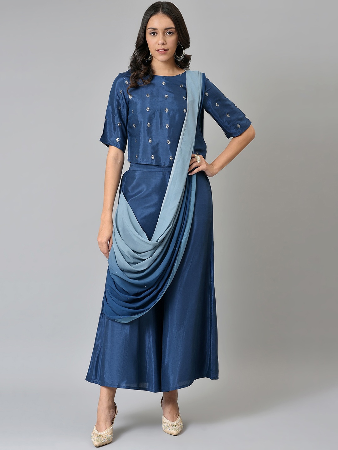 

W Women Ethnic Motifs Embroidered Top with Palazzos With Attached Dupatta, Blue