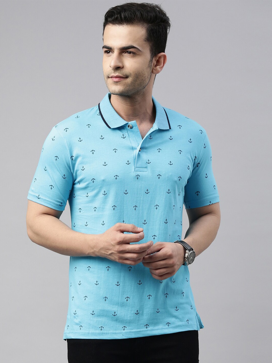 

Kryptic Men Blue Printed Polo Collar Pure Cotton T-shirt