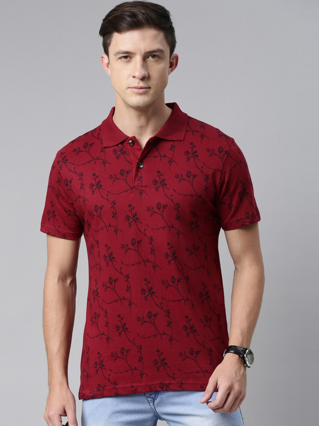 

Kryptic Men Maroon Printed Polo Collar Pure Cotton T-shirt