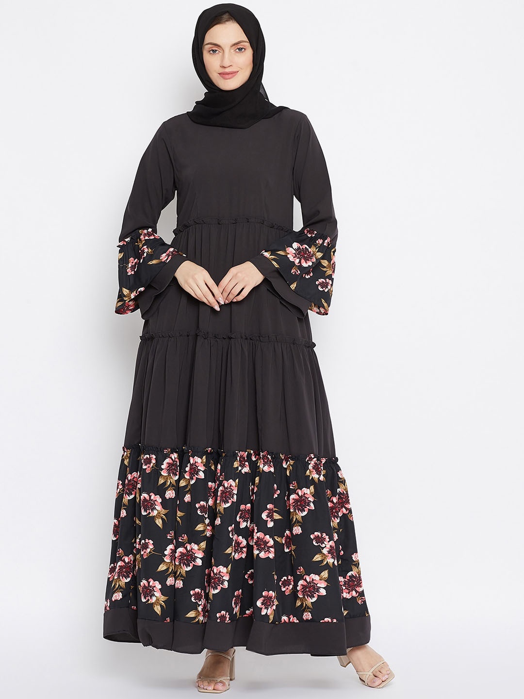 

NABIA Women Olive Black Printed Tiered Frill Abaya Burqa