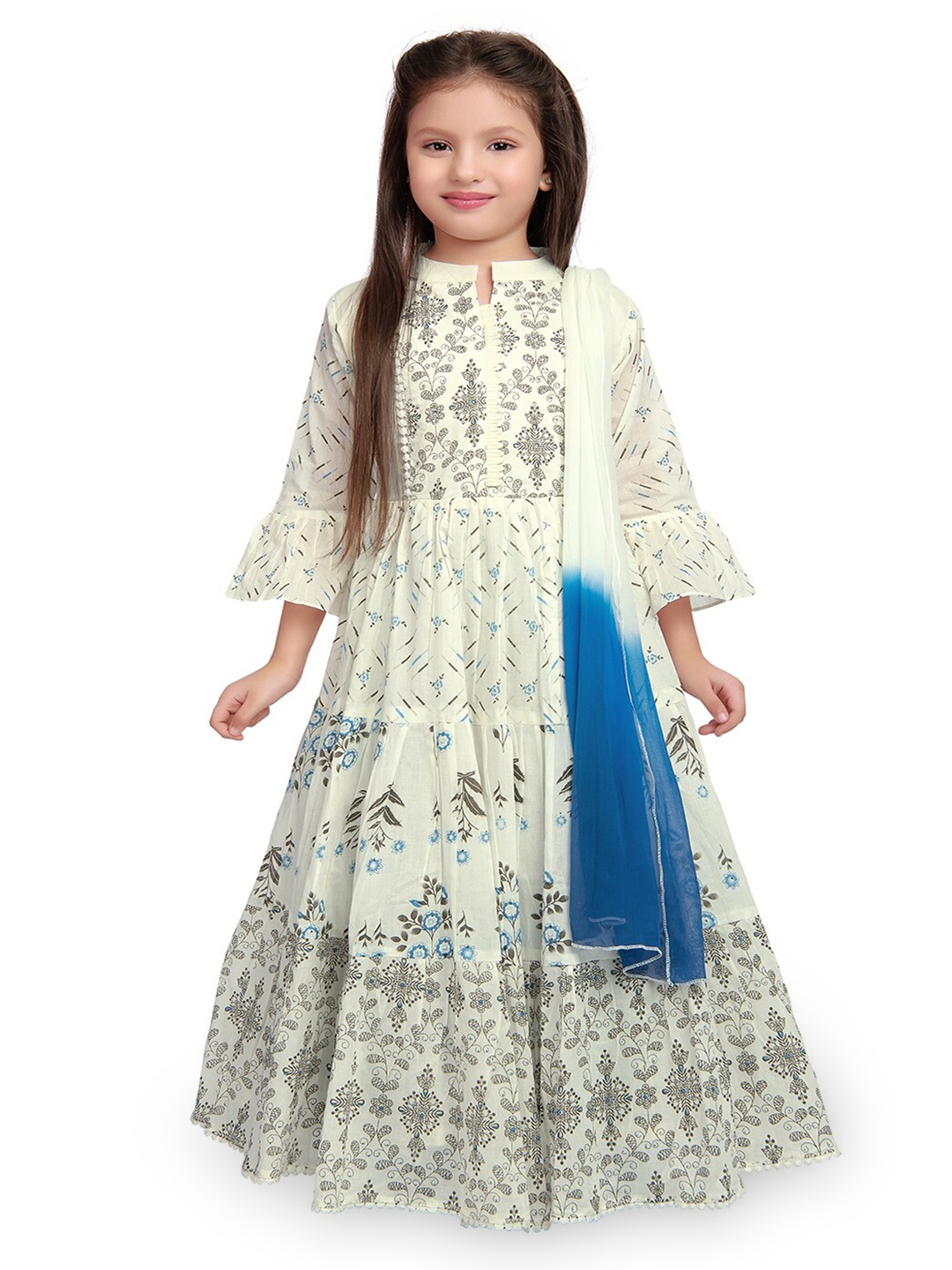 

BETTY Girls Cream-Coloured & Blue Floral Ethnic Maxi Dress