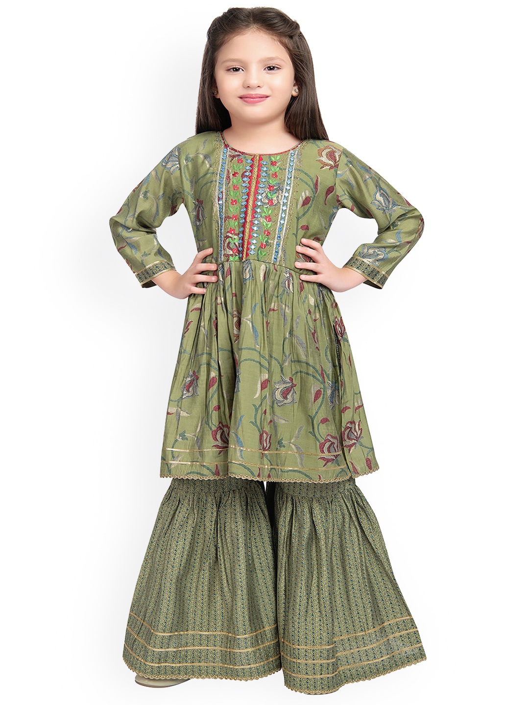 

BETTY Girls Olive Green Floral Embroidered Kurta with Sharara