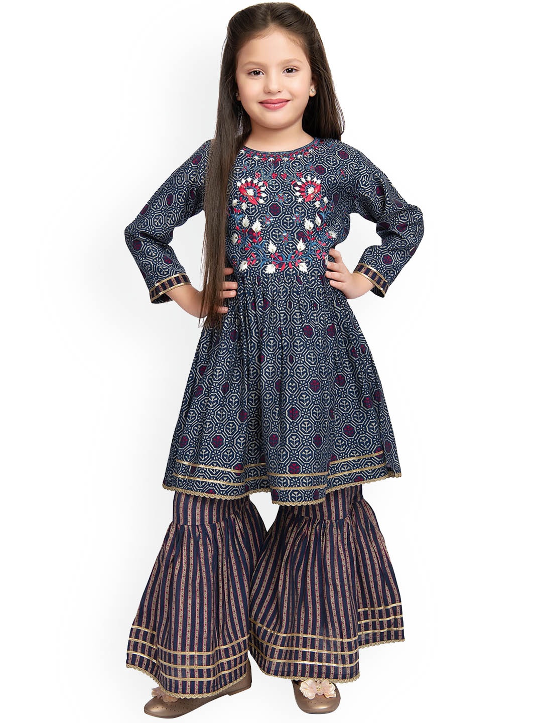 

BETTY Girls Navy Blue Floral Yoke Design Empire Kurta with Gharara