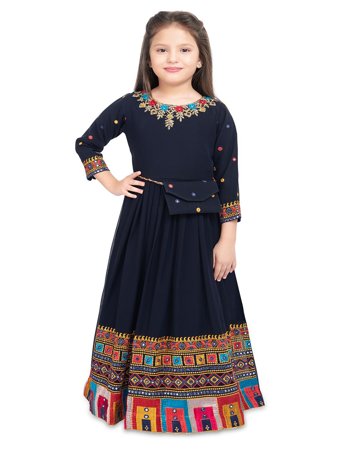 

BETTY Navy Blue & Gold-Toned Embellished Embroidered Georgette Ethnic Maxi Dress