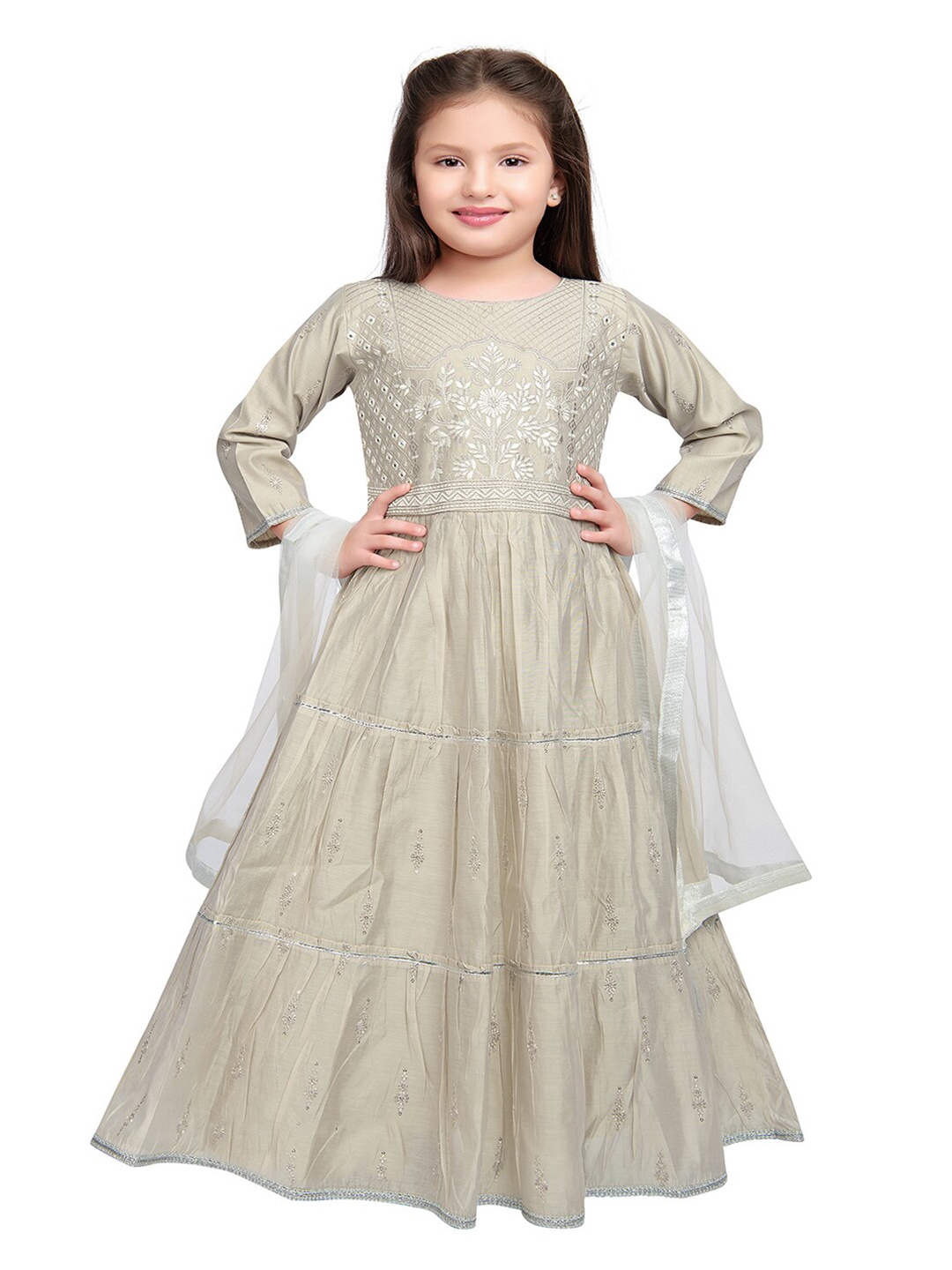 

BETTY Grey & Silver-Toned Embellished Embroidered Net Ethnic Maxi Dress