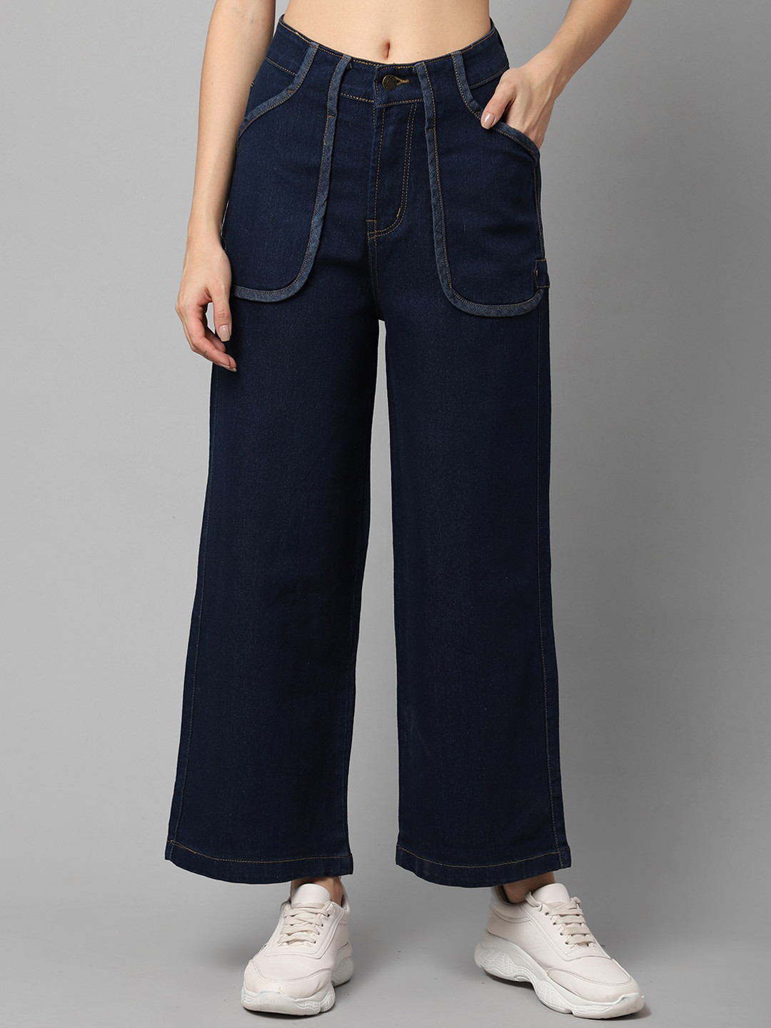 

River Of Design Jeans Women Navy Blue Solid Cotton Wide Leg High Rise Jeans