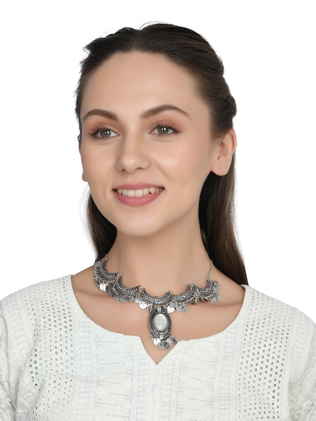 

Lilly & sparkle Silver-Toned & White Silver-Plated Oxidised Necklace