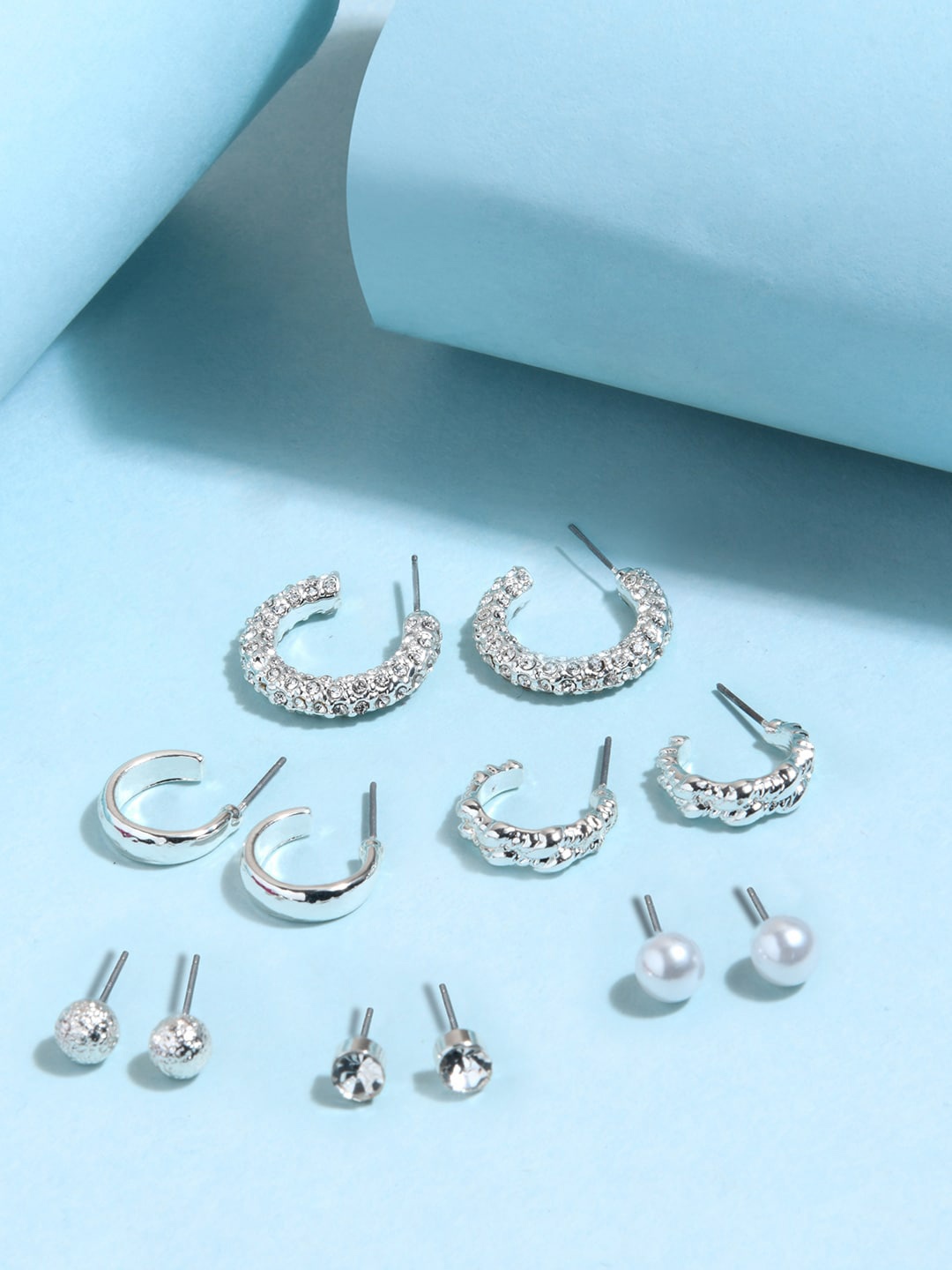

Lilly & sparkle Women Pack Of 6 Silver-Toned Contemporary Studs Earrings