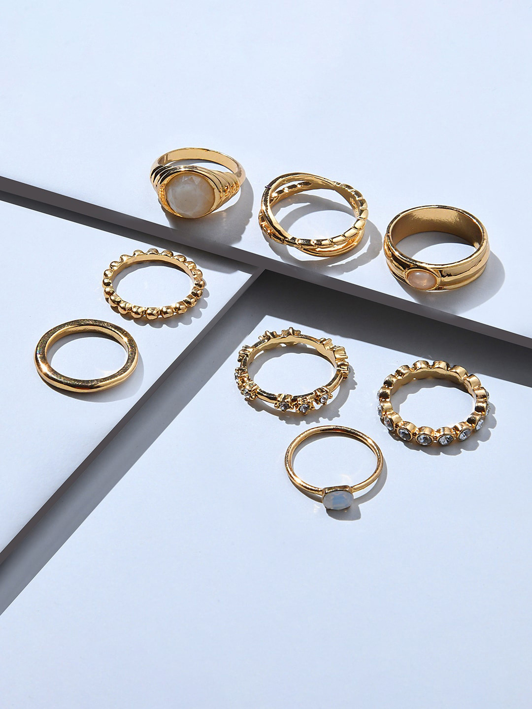

Lilly & sparkle Women Set Of 8 Gold-Plated and White Stone Studded Rings