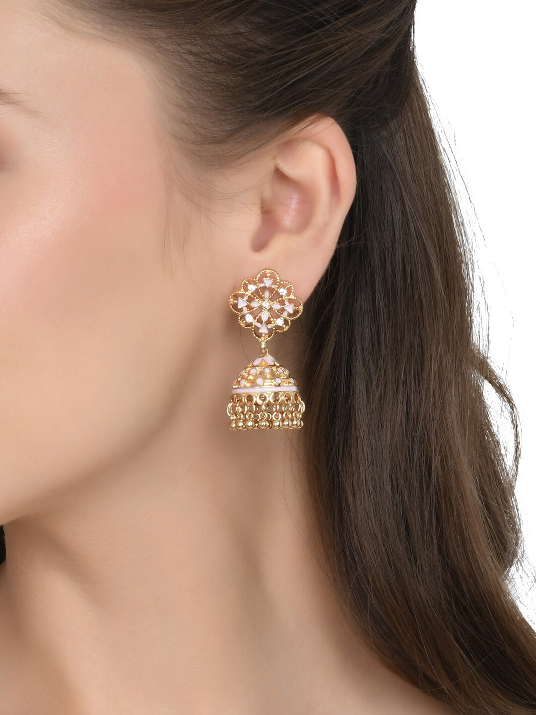 

Lilly & sparkle Women Peach-Coloured & Gold-Toned Contemporary Jhumkas Earrings