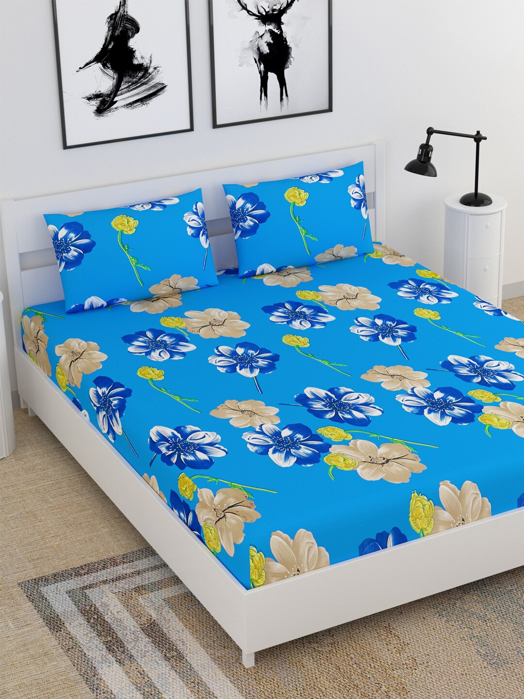 

BELLA CASA Blue & Yellow Floral 210 TC King Bedsheet with 2 Pillow Covers