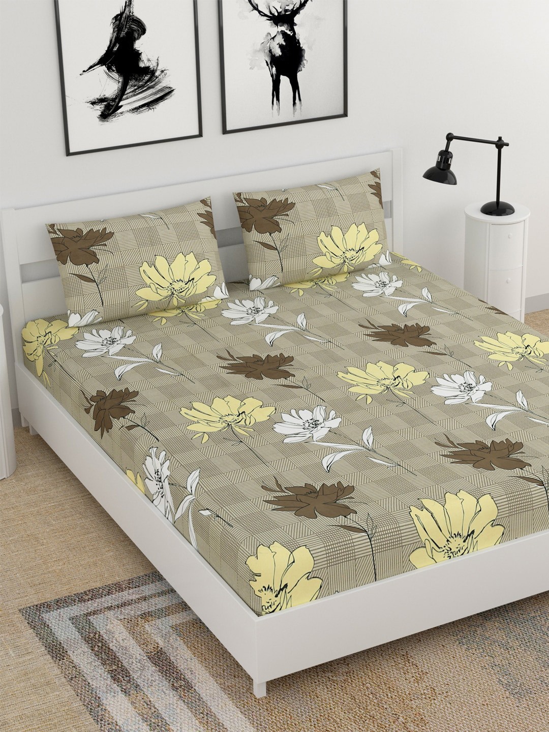 

BELLA CASA Brown & Yellow Floral 210 TC King Bedsheet with 2 Pillow Covers