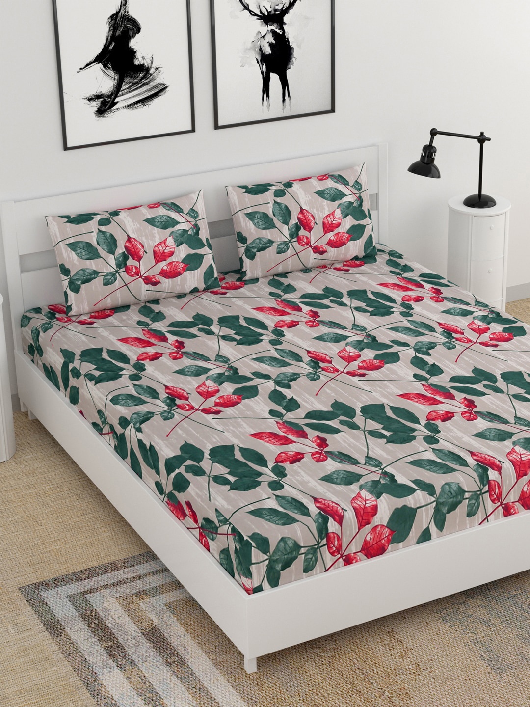 

BELLA CASA Grey & Green Floral 210 TC King Bedsheet with 2 Pillow Covers