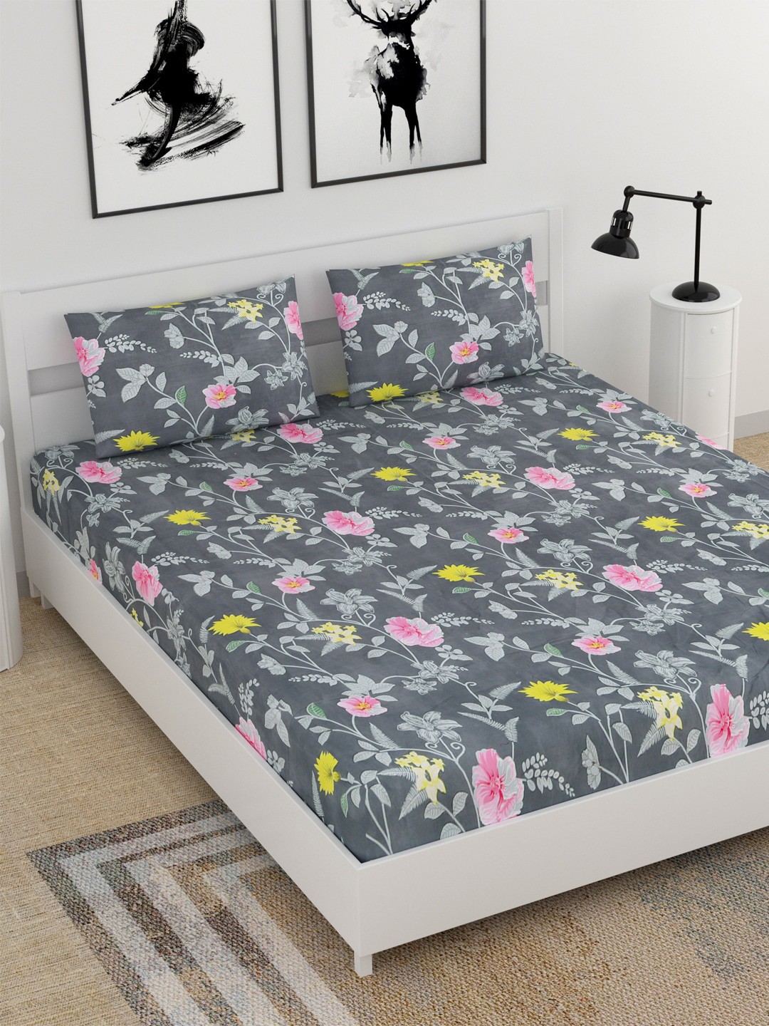 

BELLA CASA Grey & Pink Floral 210 TC King Bedsheet with 2 Pillow Covers