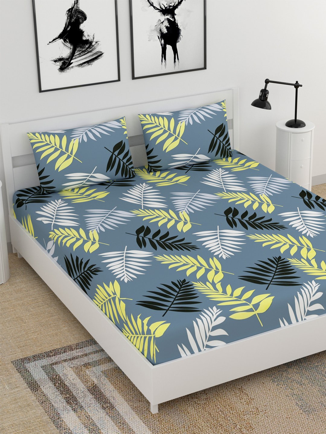 

BELLA CASA Grey & Yellow Floral 210 TC King Bedsheet with 2 Pillow Covers