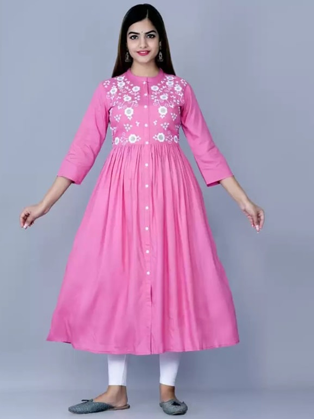 

PNEHA Women Pink Yoke Design Flared Sleeves Floral Anarkali Kurta
