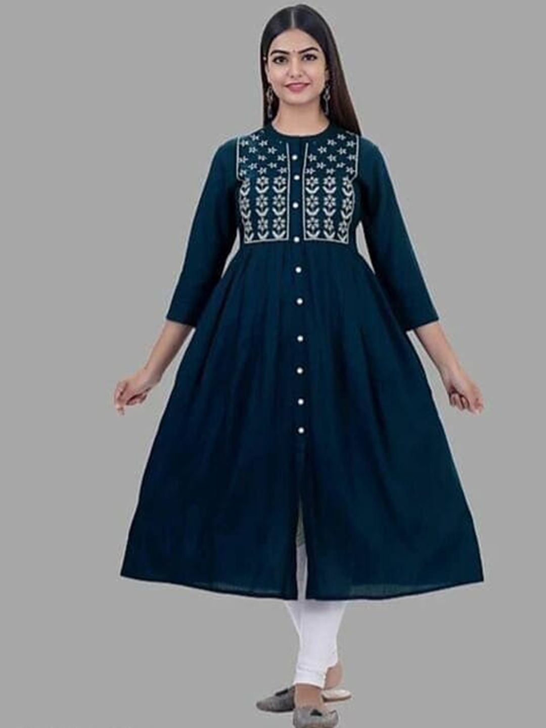 

PNEHA Women Blue & White Ethnic Motifs Yoke Design Thread Work Anarkali Kurta