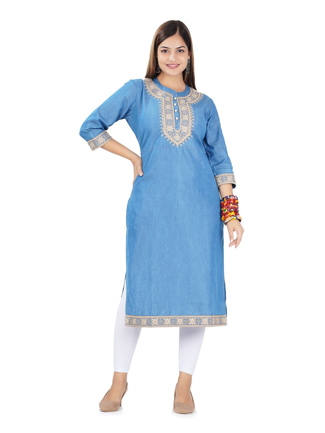 

SUMAVI-FASHION Women Blue Ethnic Motifs Embroidered Denim Kurta