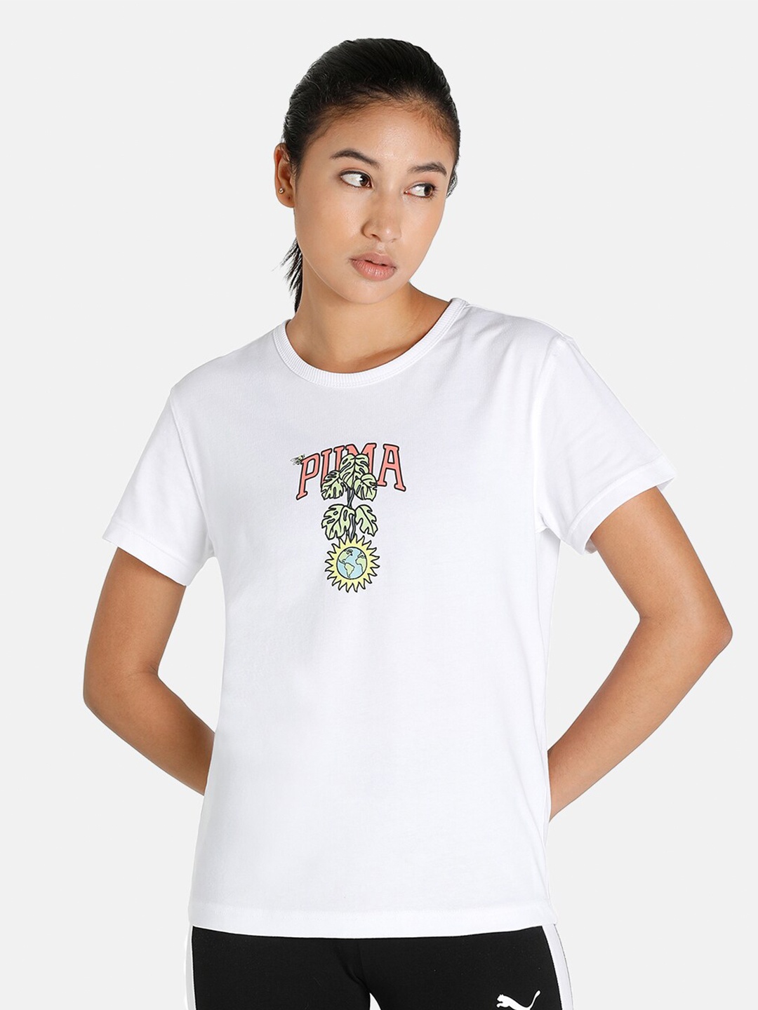 

Puma Women White Downtown Relaxed Fit Graphic T-shirt