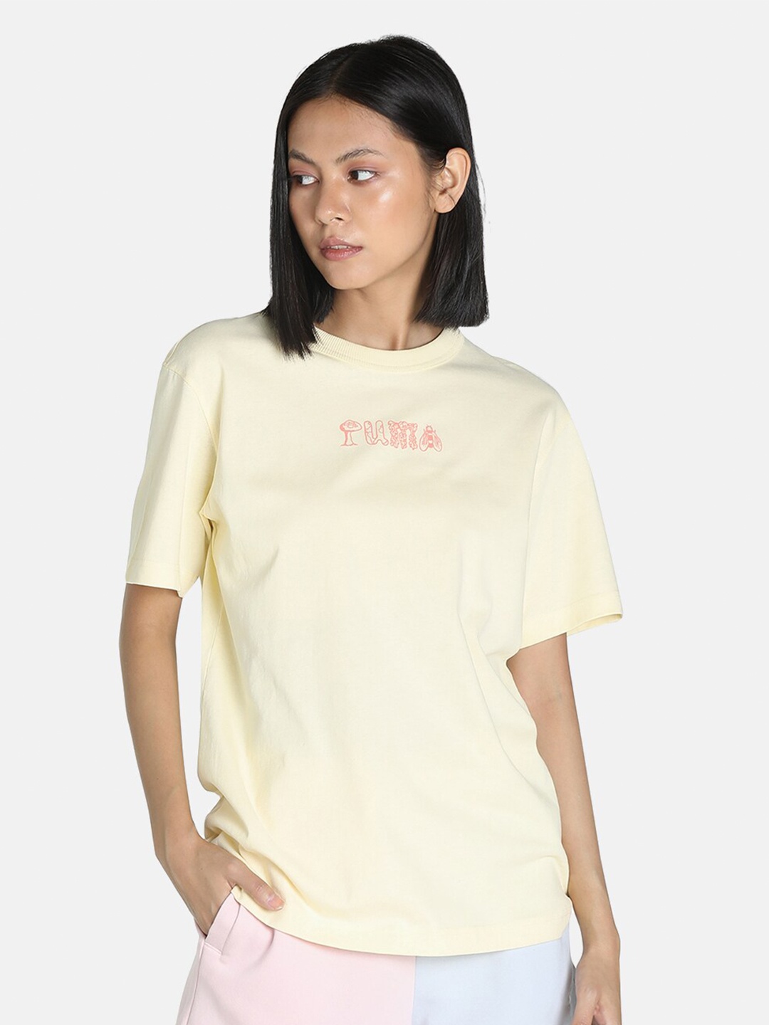 

Puma Women Yellow Downtown Relaxed Graphic Printed Cotton Relaxed Fit T-shirt