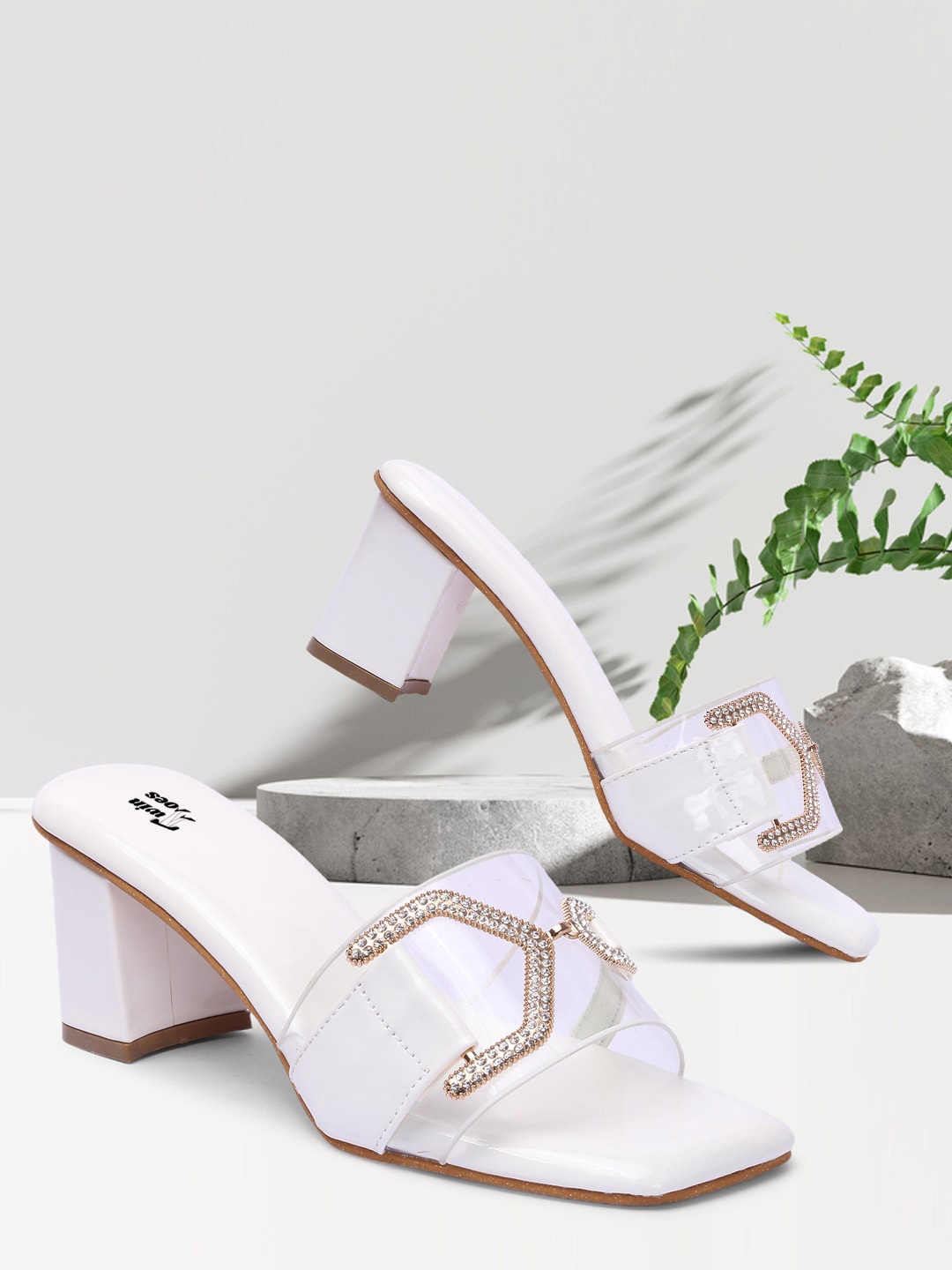 

TWIN TOES Women White Embellished Party Block Heels
