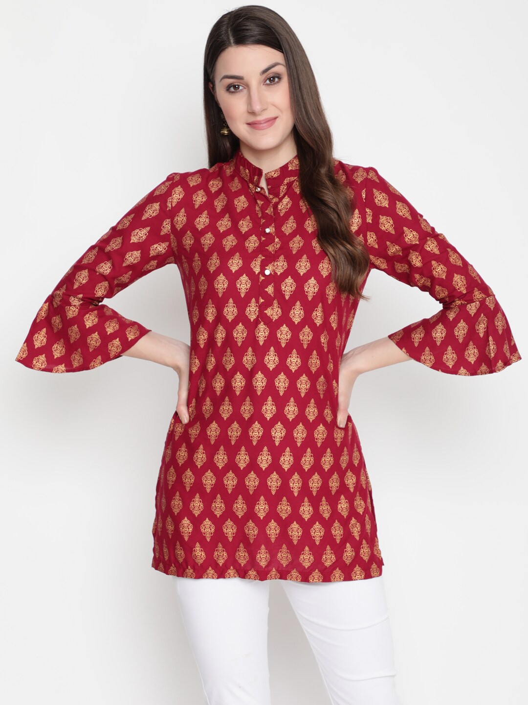 

AKIMIA Women Maroon & Gold-Toned Ethnic Motifs Printed Kurti