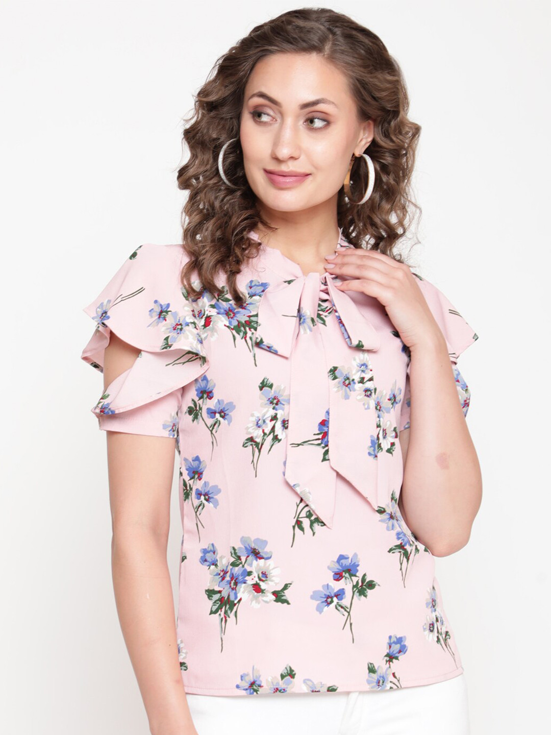

AKIMIA Pink Floral Print Tie-Up Neck Crepe Top