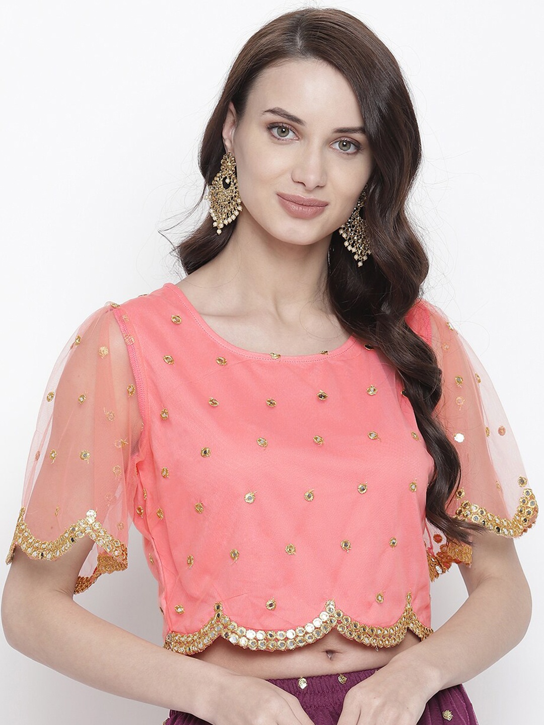 

AKIMIA Women Pink Embellished Print Net Crop Top
