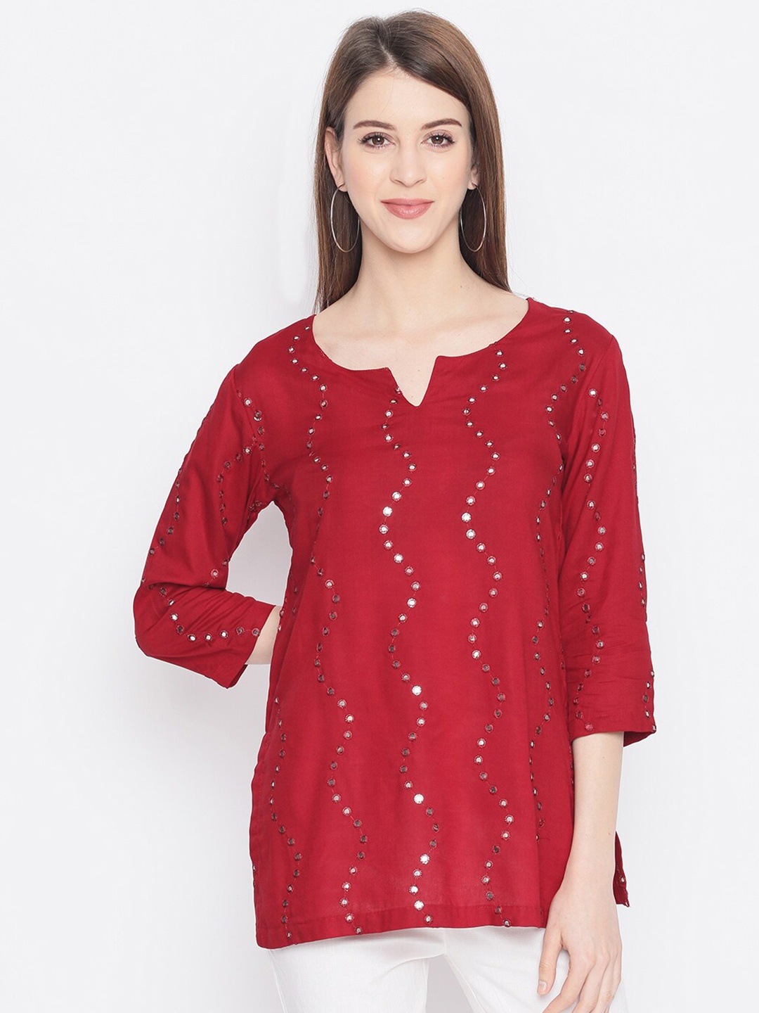 

AKIMIA Women Maroon Geometric Embroidered Mirror Work Pure Cotton Kurti