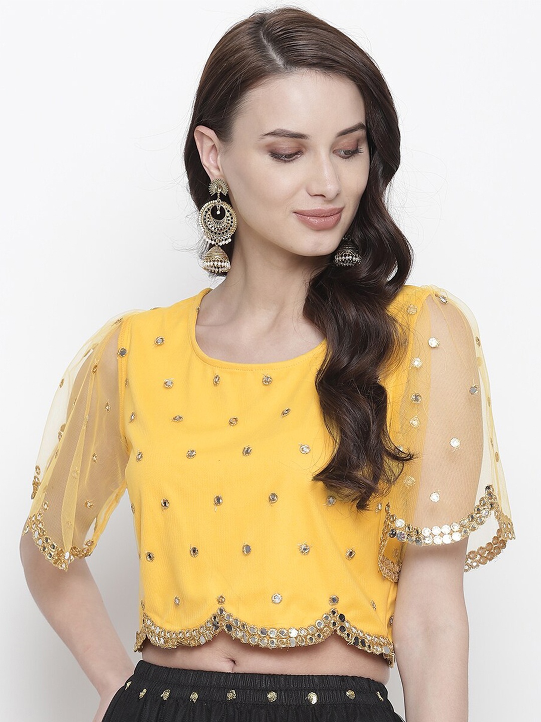 

AKIMIA Yellow & Gold-Toned Embroidered Scalloped Crop Top