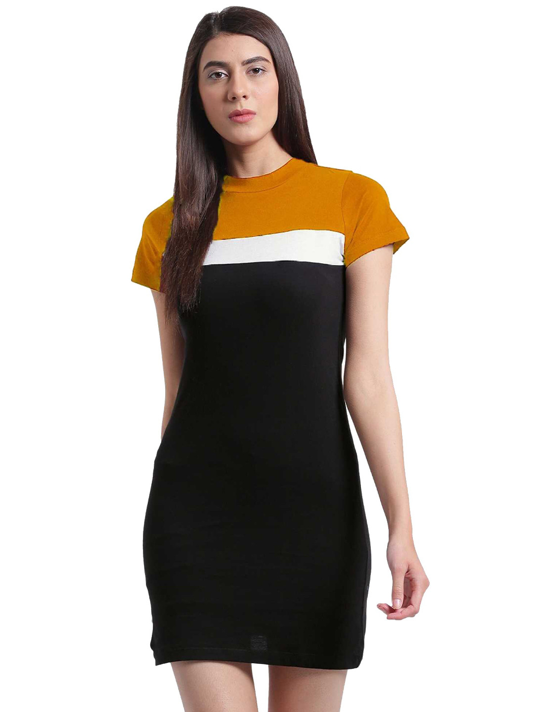 

SWEETPEL Yellow & Black Colourblocked T-shirt Mini Dress
