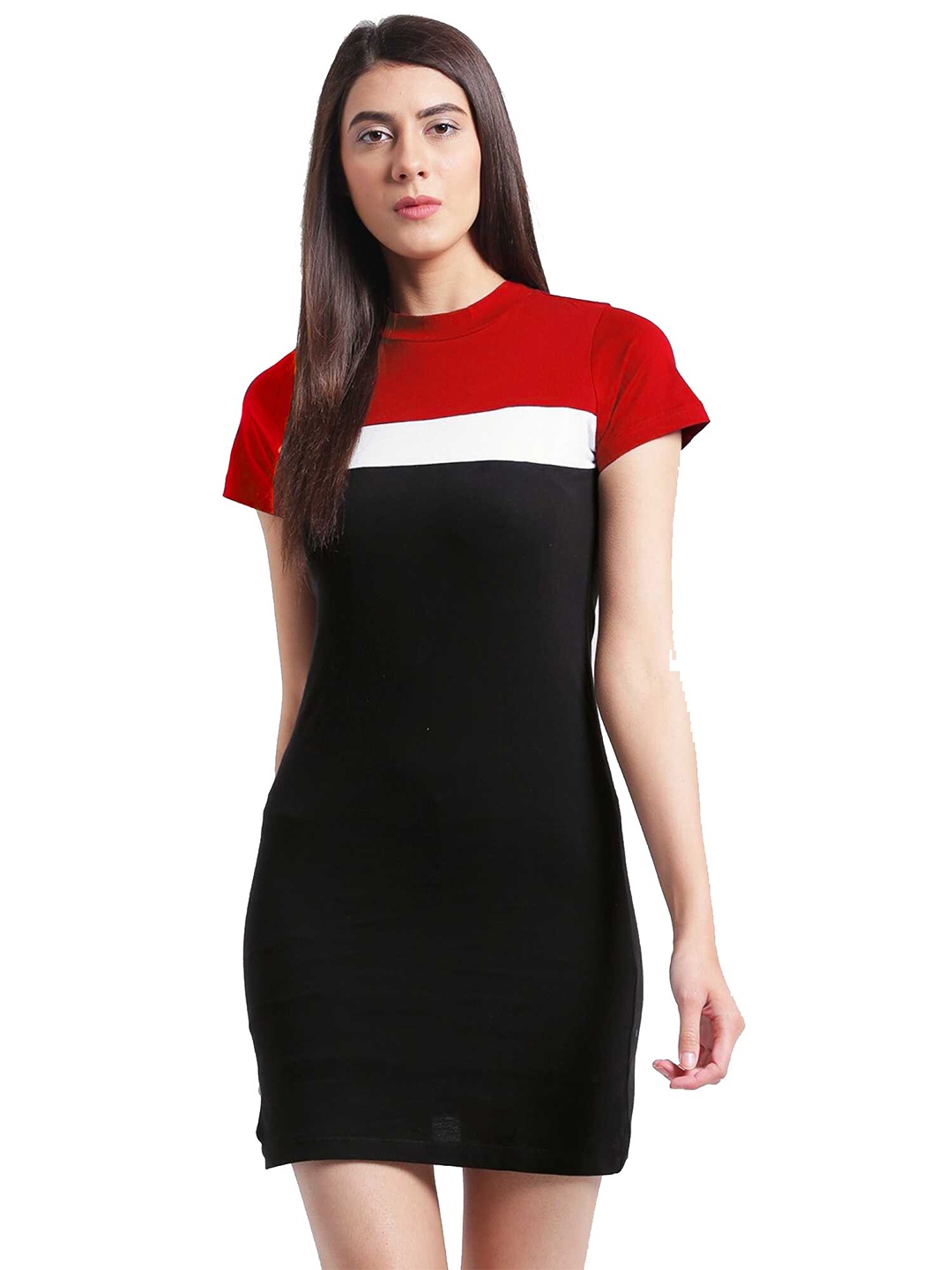 

SWEETPEL Red & White Colourblocked T-shirt Mini Dress