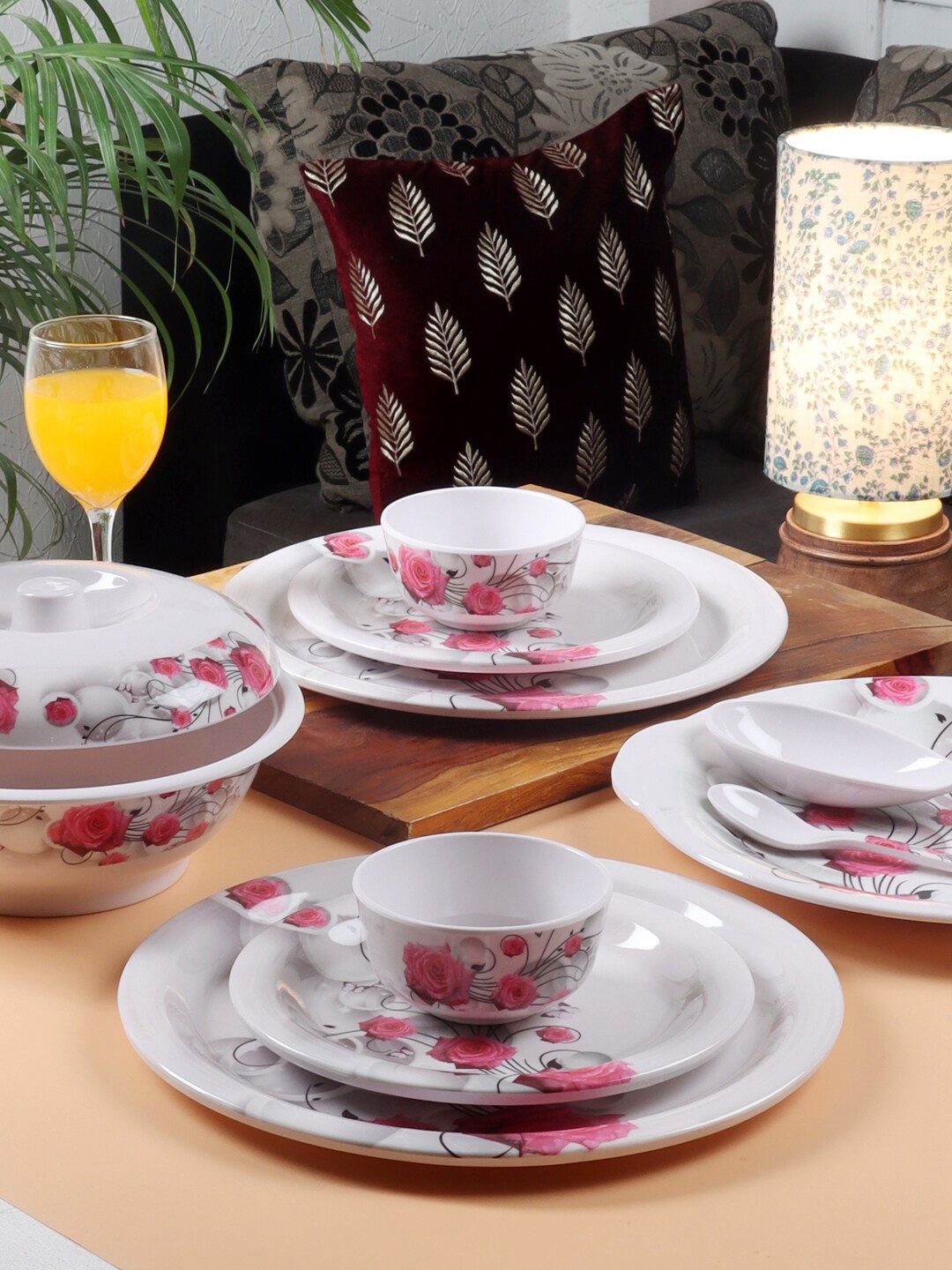 

CDI White & Pink Pieces Floral Printed Melamine Glossy Dinner Set