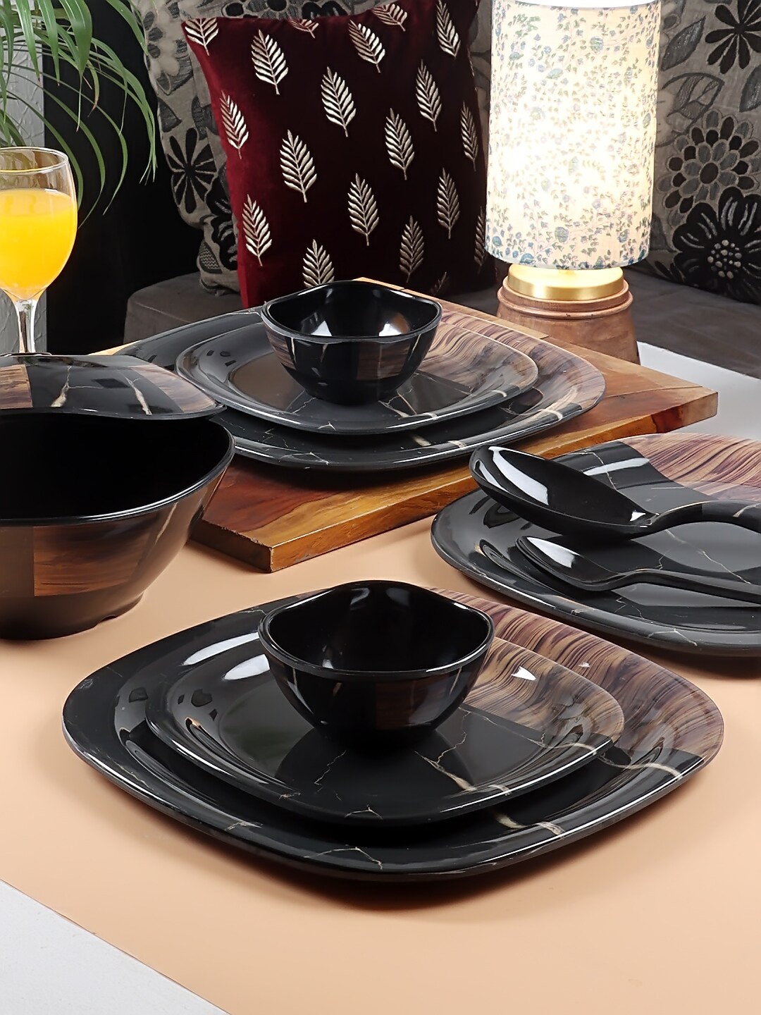 

CDI Black & Brown 40Pieces Printed Melamine Dishwasher & Microwave safe Glossy Dinner Set