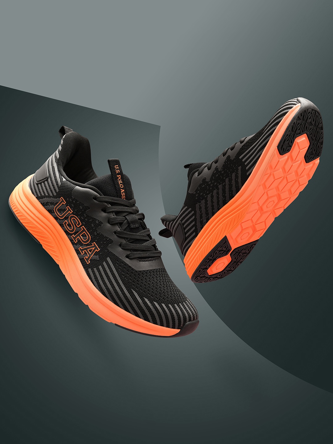 

U S Polo Assn Men Black & Orange Flyknit Textile Walking Shoes