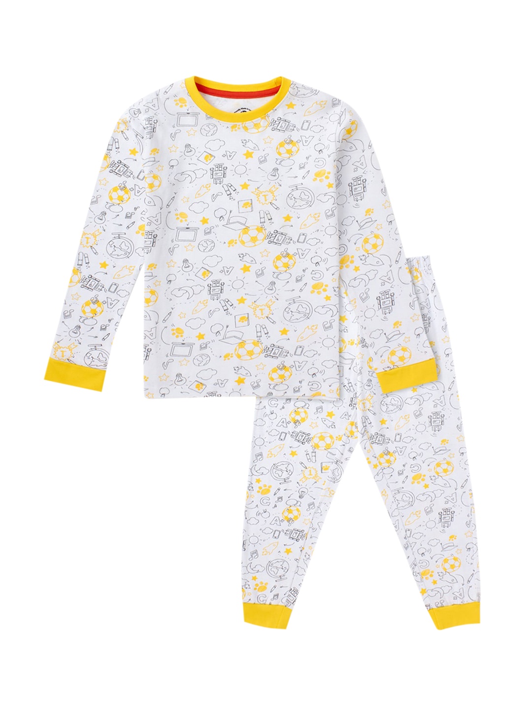 

Cub McPaws Boys White & Yellow Printed Pure Cotton Night Suit