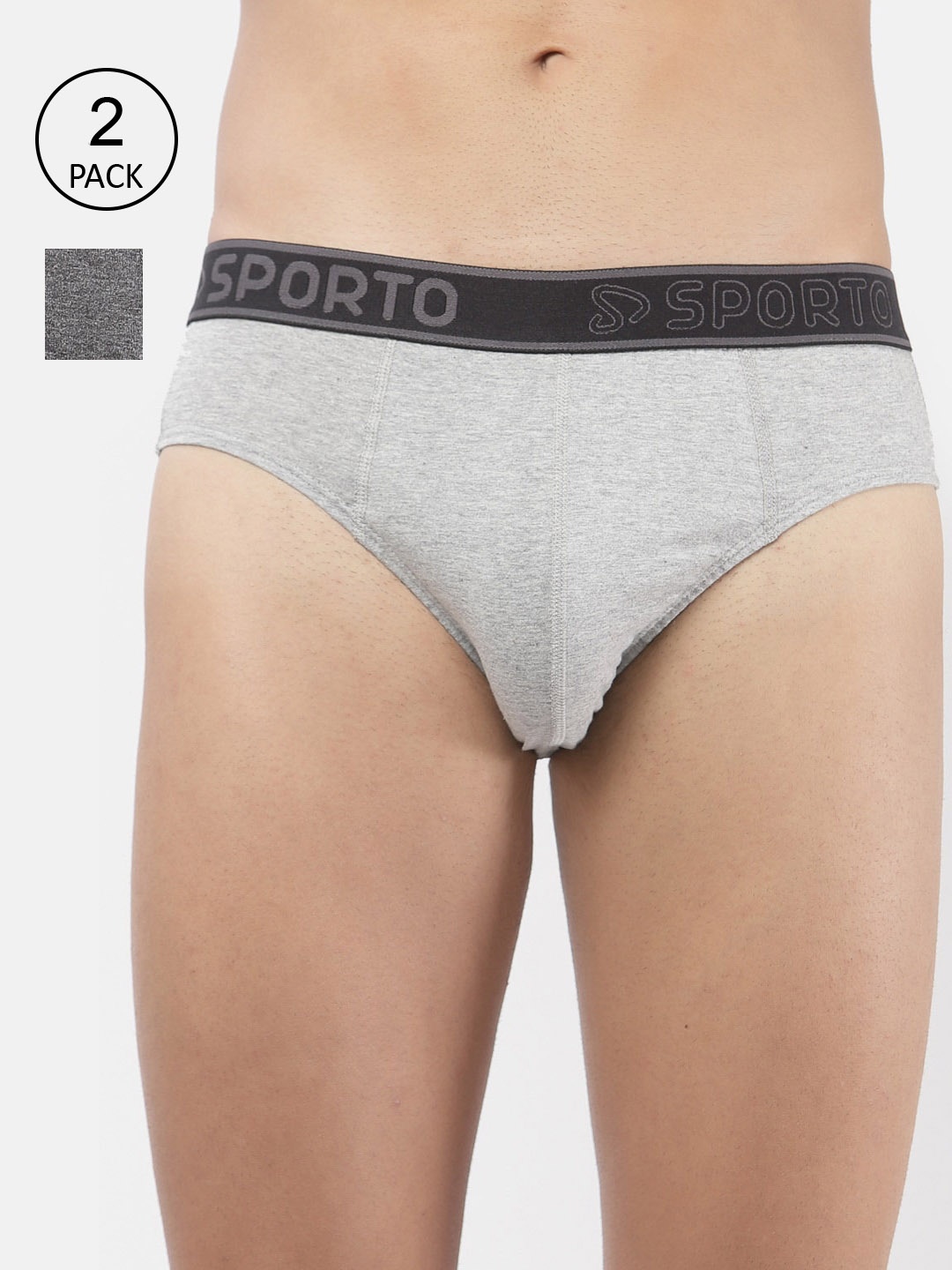 

SPORTO Men Pack Of 2 Grey Melange & Grey Solid Basic Cotton Briefs