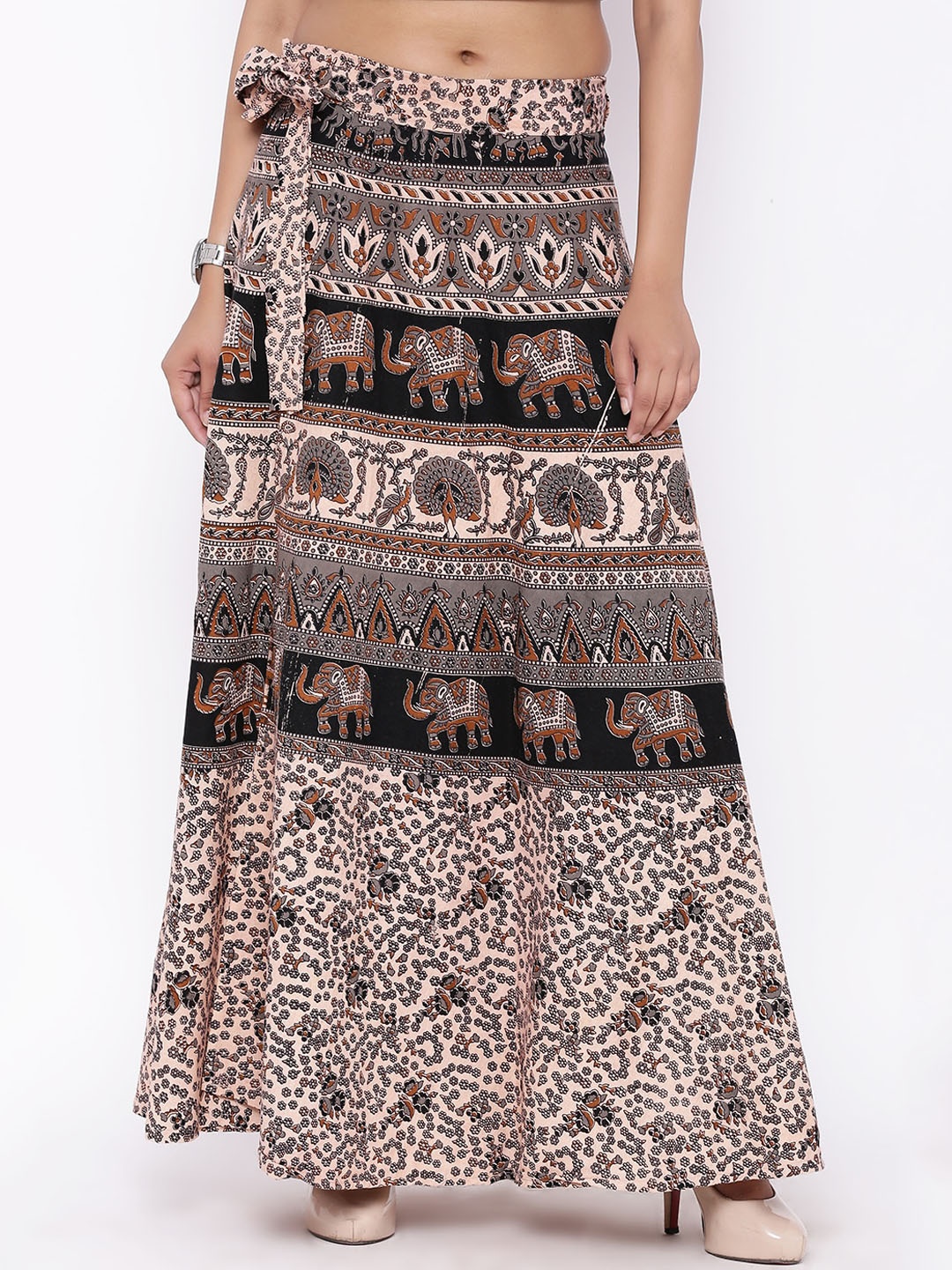 

SOUNDARYA Women Beige & Black Printed Flared Maxi Pure Cotton Wrap Skirt